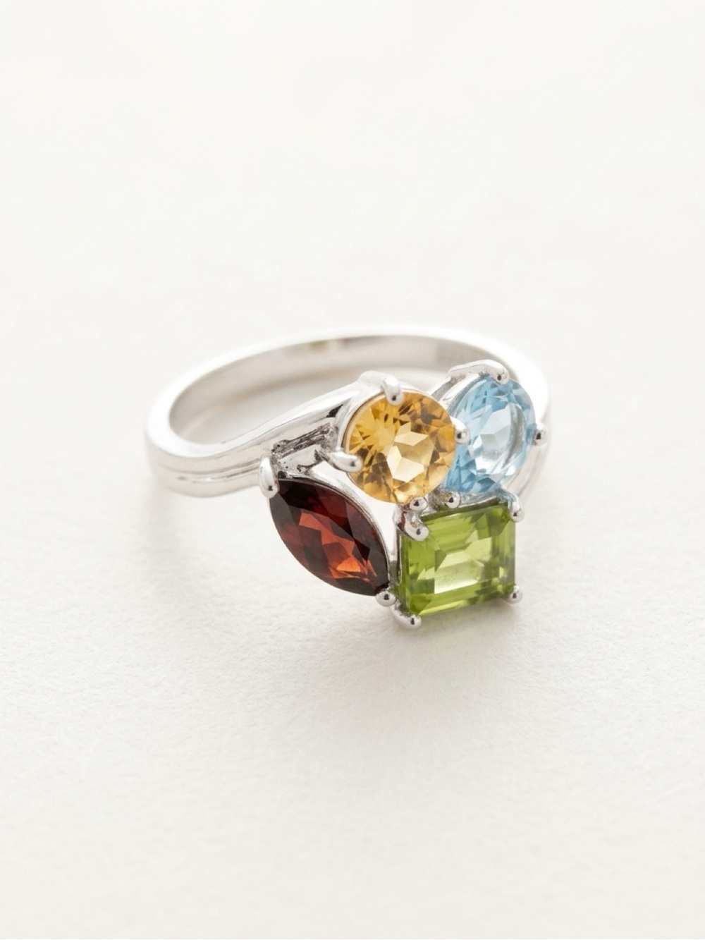 Multi-Gem Sterling Silver Cluster Ring in Green, Blue, Yellow, and Brown